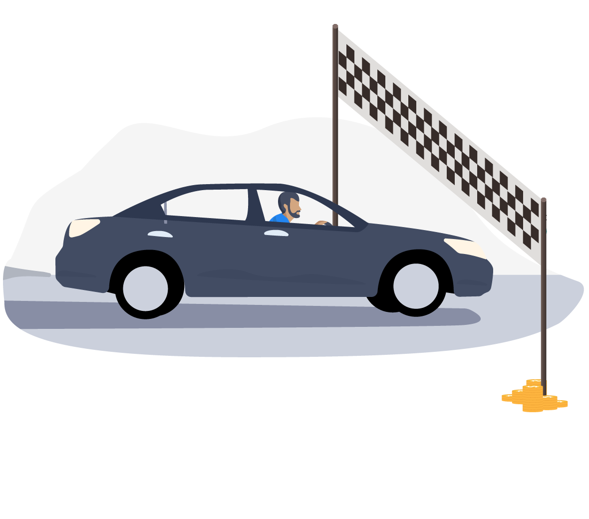 En illustration af en bil, der kører ind over en målstreg