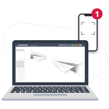 En computer med papirfly foran en telefon med indscanning