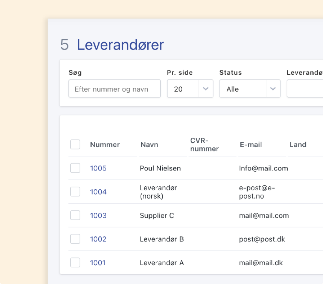 Et screenshot af en oversigt over leverandører på en gul baggrund