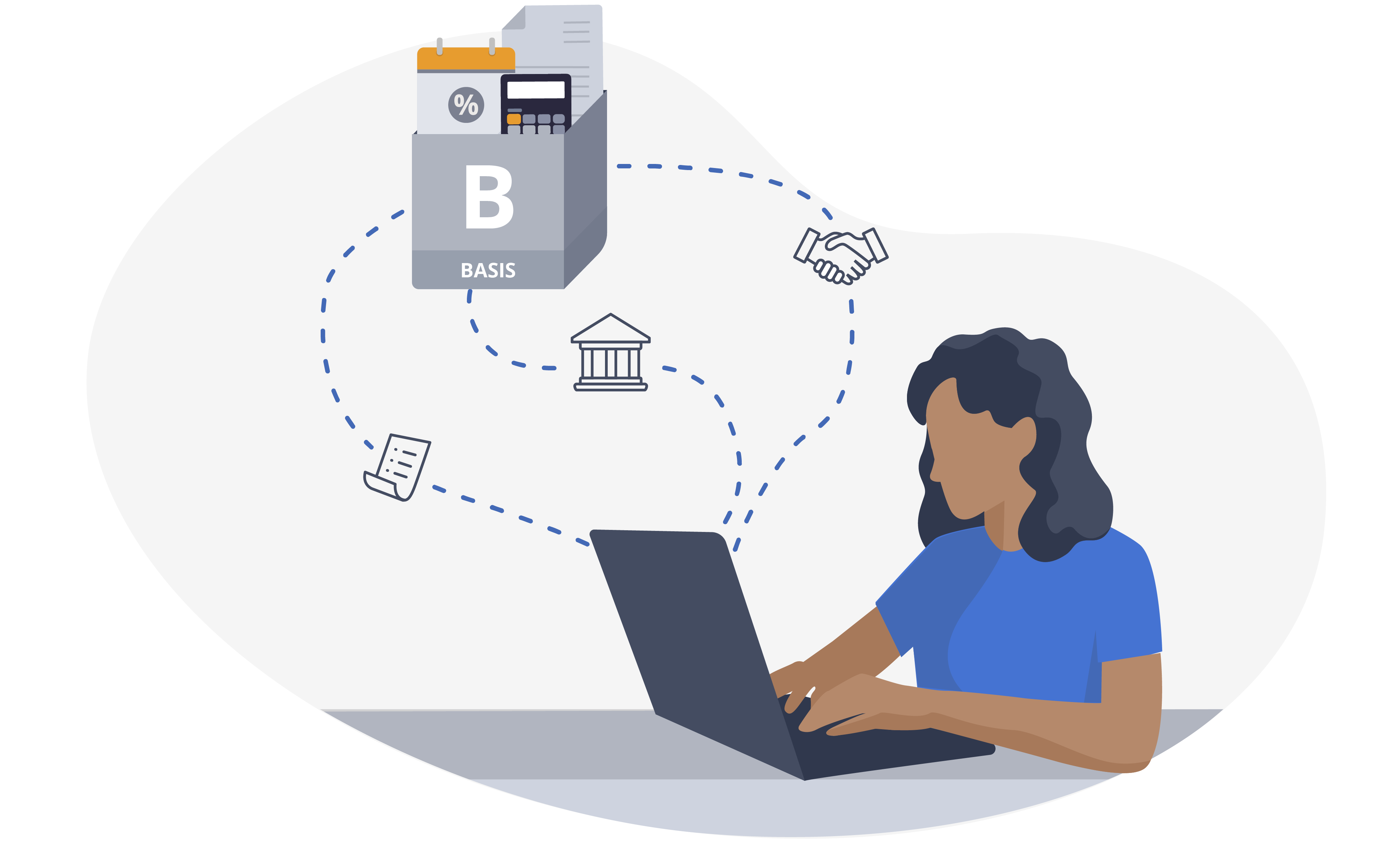 En illustration af en kvinde, der sidder med en computer, hvorfra der er nogle striplede linker op til en kasse med en lommeregner, en blok og et papir, samt nogle ikoner