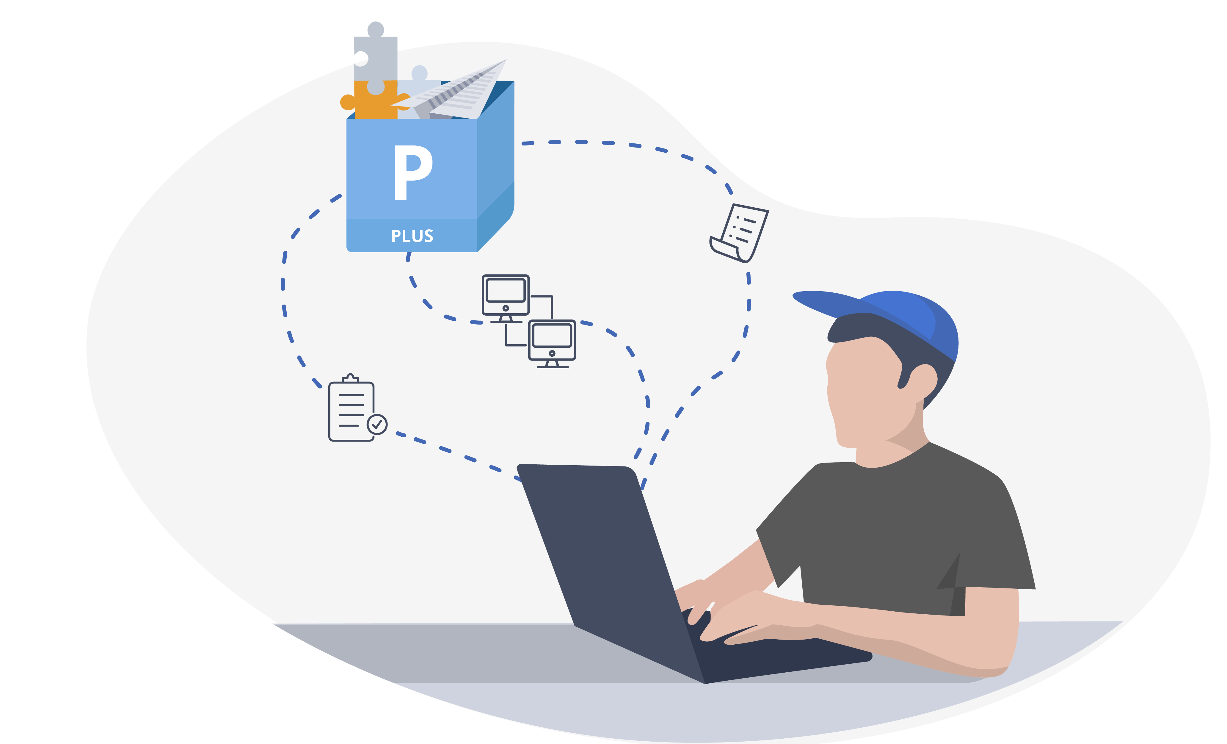 En illustration af en mand, der sidder med en computer, hvorfra der er nogle striplede linker op til en kasse med puslespilsbrikker og et papirsfly, samt nogle ikoner